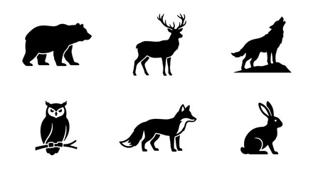 Obraz premium Forest Wildlife Silhouette Icons: Bear, Deer, Wolf, Owl, Fox, Rabbit Vector Set