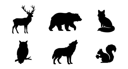 Obraz premium Forest Wildlife Silhouettes: Deer, Bear, Fox, Owl, Wolf, Squirrel Icons