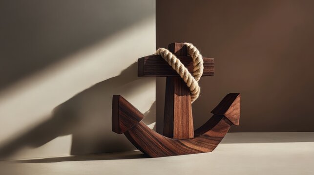 Decorative wooden ship's anchor wrapped with a natural jute rope detail. Handcrafted wooden anchor decor piece featuring wrapped nautical rope.