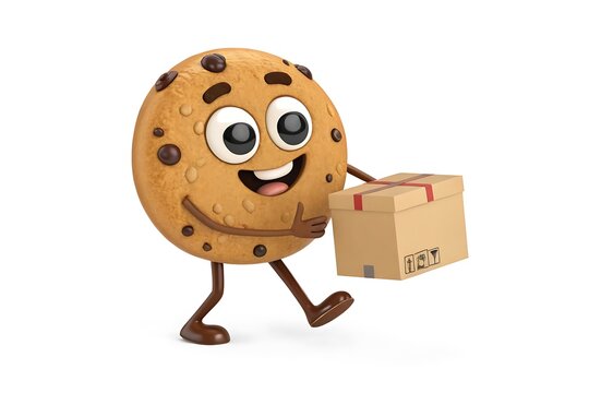 Happy cartoon cookie character carrying a box