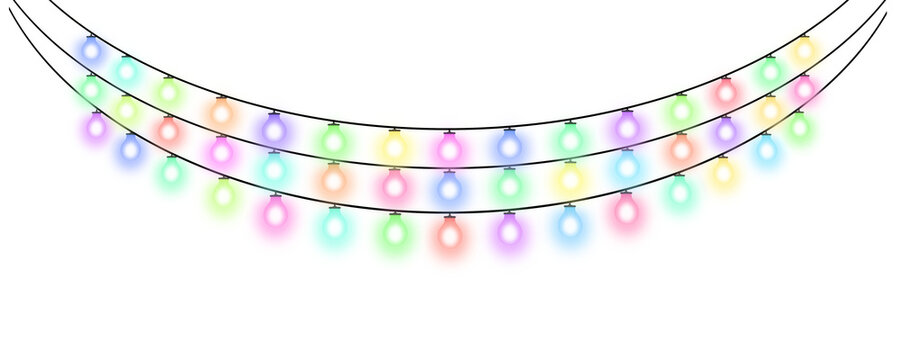 Colorful string lights hanging against a clean white background