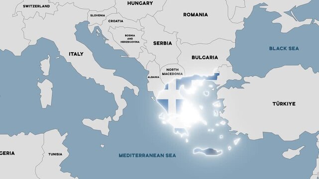 Animation of a map of Greece filled with the colors of the Greek national flag. 4K animation.