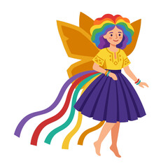 Fototapeta premium Joyful character with rainbow hair and butterfly wings