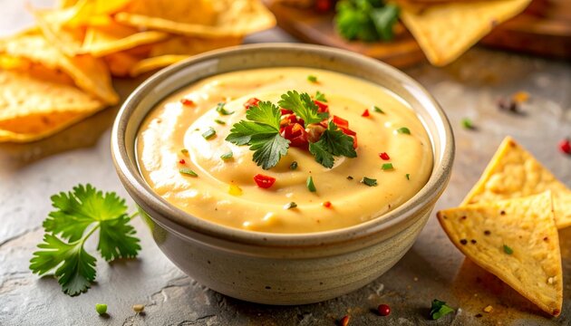 Warm Mexican queso dip in a small ceramic bowl. The dip is garnished with herbs and spices. Tortilla chips are placed nearby, perfect for dipping