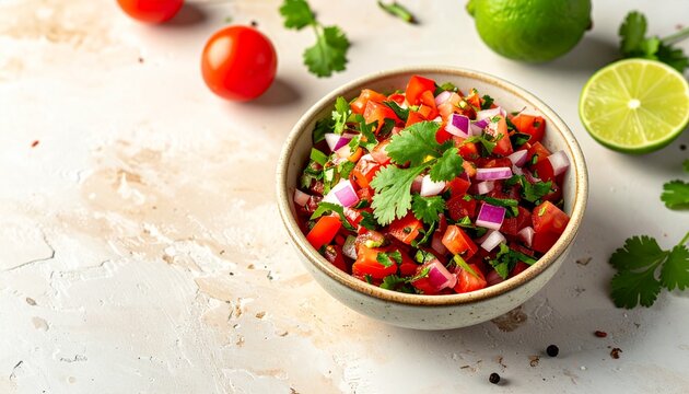 A small bowl holds vibrant fresh pico de gallo surrounded by diced tomatoes, onions, and cilantro. Juicy limes and whole tomatoes are nearby