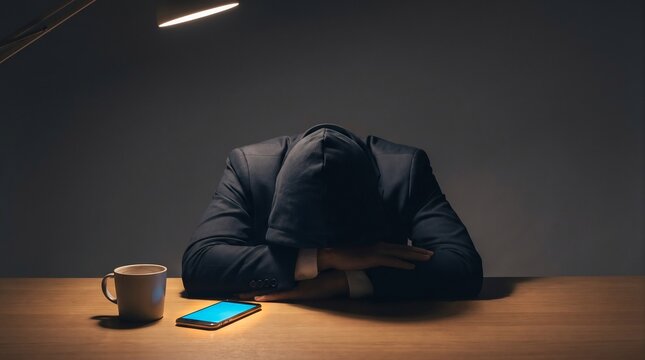 Depressed businessman in hoodie resting head on desk stock photo