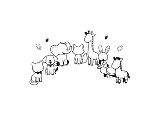 Fototapeta premium A cute black and white line art illustration featuring a group of friendly zoo animals for children coloring page