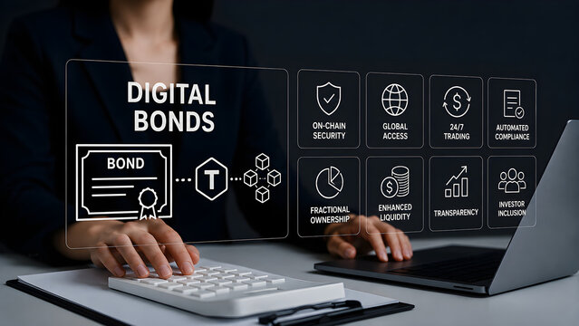 Digital Bonds Infographic With Businesswoman and Holographic Interface Showing Tokenized Bonds and Fractional Ownership