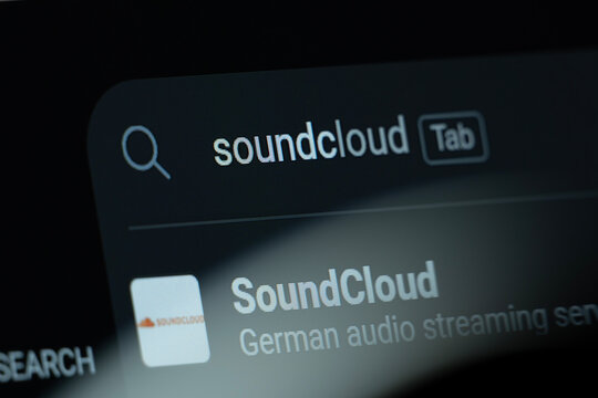 Berlin, Germany - 09 Aug 2026: Search result for SoundCloud is seen on a digital screen.