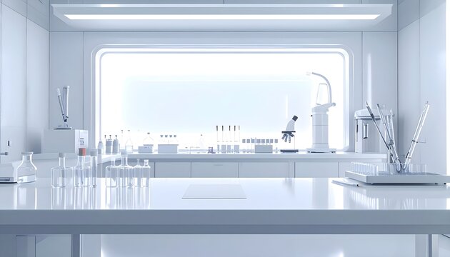 Modern medical laboratory with test tubes, pipettes, glass vials, sterile equipment, clean white background, realistic 3D render, copy space