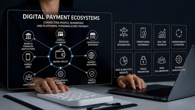 Digital Payment Ecosystems Infographic With Businesswoman and Holographic Interface Showing Connected Payments Network