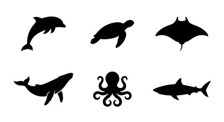 Fototapeta premium Ocean Wildlife Silhouettes: Dolphin, Turtle, Manta Ray, Whale, Octopus, Shark Icons