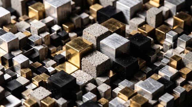 Abstract background featuring a collection of metallic and stone cubes of various sizes.