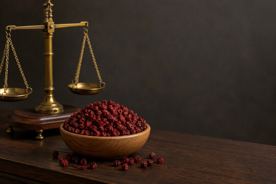 Dried schisandra berries and brass balance scale on walnut counter, traditional apothecary concept