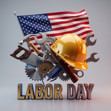 3D Labor Day USA Tools Composition With American Flag Hard Hat Wrenches Saw Gears Construction 3D Render
