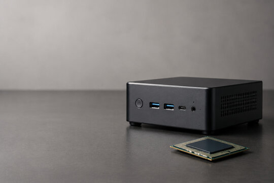 Mini PC with computer chip on desk, technology and compact computing concept