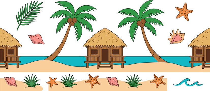 Tropical Beach Bungalow Vector Set with Palm Trees, Straw Hut, Sea Shells, Starfish, and Ocean Border Elements
