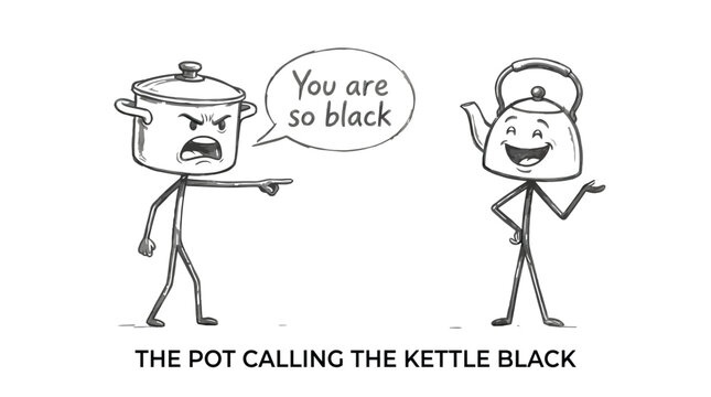 Pot calling kettle black illustration features expressive anthropomorphic kitchenware characters in a humorous conceptual vector design about human irony metaphors