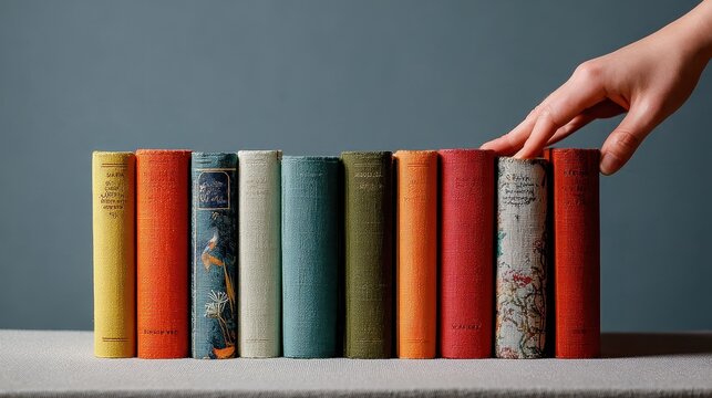 A hand reaching to select colorful vintage books on a shelf display for reading hand reaching toward row of diverse colorful vintage books on a shelf