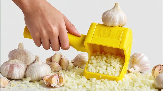 Person using a yellow kitchen tool to dice fresh garlic cloves on a table for healthy cooking at home with organic white vegetable