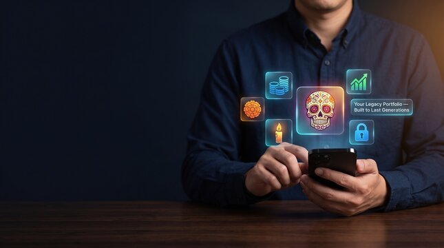 Legacy portfolio concept with smartphone user and D&iacute;a de los Muertos inspired icons, decorative skull, investments and growth chart, warm candlelight atmosphere, generational wealth and financial plan