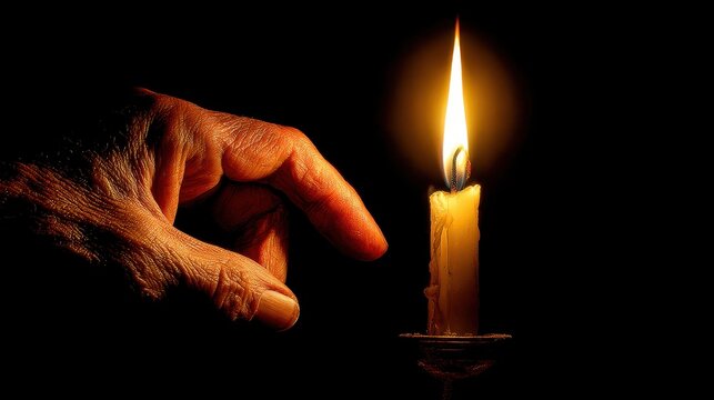 Wrinkled elderly hand reaching towards a glowing candle flame in darkness for symbolism