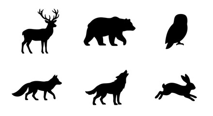 Fototapeta premium Forest Wildlife Silhouettes: Deer, Bear, Owl, Fox, Wolf, Rabbit Vector Icons