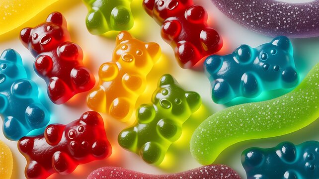 Rainbow colored gummy candies displayed on transparent background 