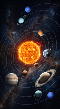 The sun and all planets of the solar system orbiting on celestial paths