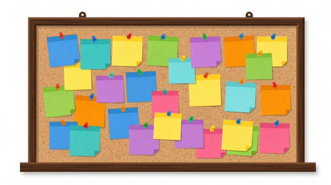 Cork notice board with colorful sticky notes and push pins template