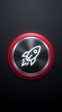 A metallic circular button featuring a white glowing rocket icon