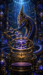 Obraz premium Majestic Dragon in Mystical Library with Celestial Orbs