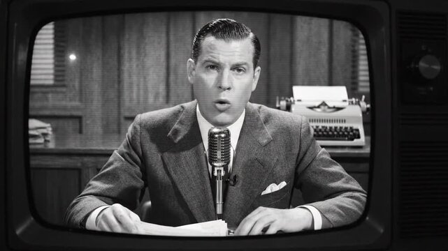 Vintage News Anchor Presenting on Retro TV with Static and Glitches