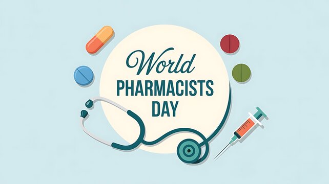 World pharmacists day celebration banner with medical tools