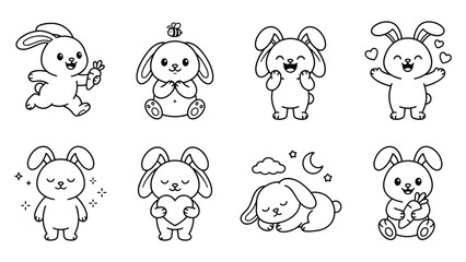 Obraz premium Cute cartoon rabbit character collection in black and white line art.
