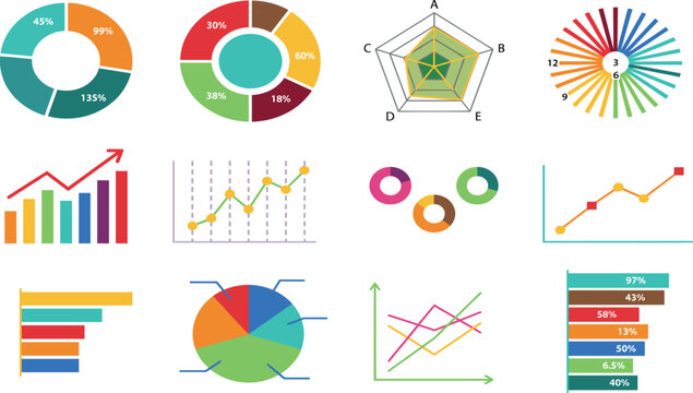 Business infographic vector collection featuring colorful pie charts bar graphs radar diagrams and data visualization elements for financial reports. (19 words)