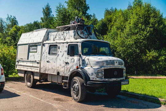 Pskov, Russia &mdash; August, 02, 2025: Old truck camper parked in Russia during August