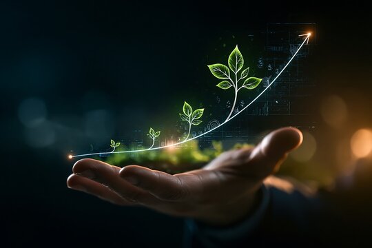 Conceptual image of business growth and sustainability represented by a glowing plant growing on a human hand