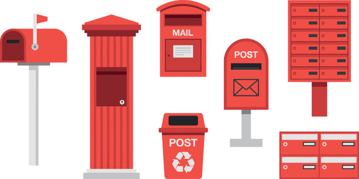  Red mailbox vector icon set featuring traditional postal boxes letterboxes courier delivery lockers and recycling trash bin on white background. (19 words)