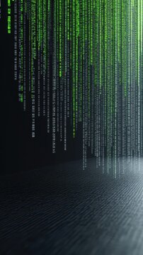 Digital binary code falling down over dark textured surface background image green digital computer code raining down on a dark textured background