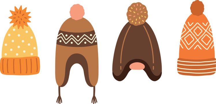 Winter hat vector illustration collection featuring cozy knit beanies and trapper earflap hats with pompons in warm autumnal color tones. (19 words)