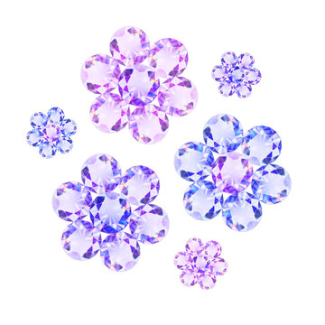 Set of crystal flower ornaments with purple diamonds and gems isolated on transparent background, PNG. Elegant shiny violet diamond blossoms luxury graphic pattern