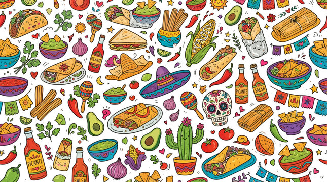 vector seamless pattern of Mexican food and stuff, fun seamless pattern background