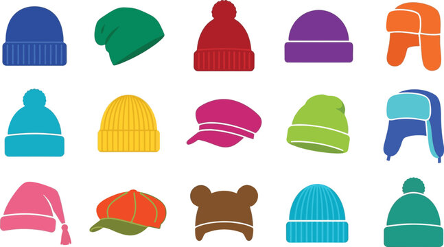 Winter hats icon set colorful beanies ushanka caps pompom hats cold weather apparel collection vector illustration isolated on white background