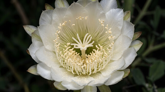 Extreme close up of the center of a white cactus flower. Macro photography of stamens and pistil in a night blooming blossom