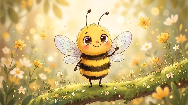 Adorable honey bee character waving in sunny spring meadow, cute bumblebee illustration, soft pastel garden background