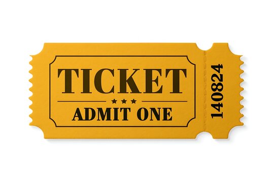 Yellow admit one ticket with perforated edge and serial number isolated on white background