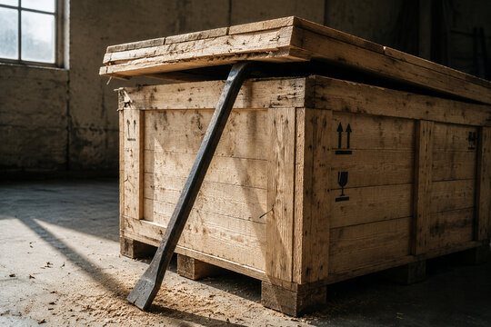 Steel pry bar opening wooden shipping crate lid, tools and construction concept