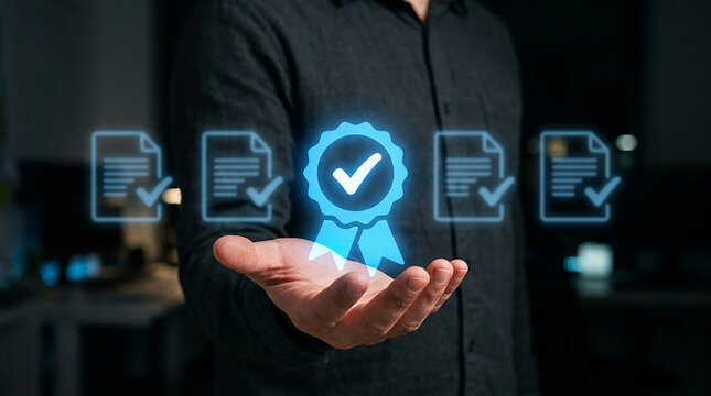 Quality Assurance Seal: A hand holds up a glowing blue digital seal of approval, symbolizing guaranteed quality and certification.