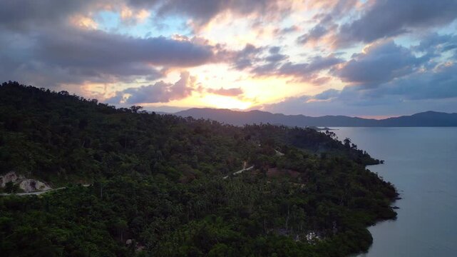 Port Barton Beach sunset tropical landscape. Majestic aerial view drone